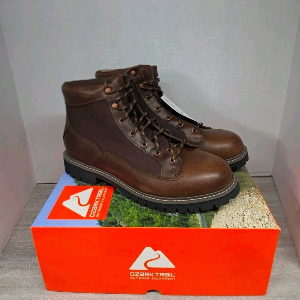 Ozark Trail Mens Roofer Boot Dark Brown Leather Hiking Work Boots Size 8 NEW